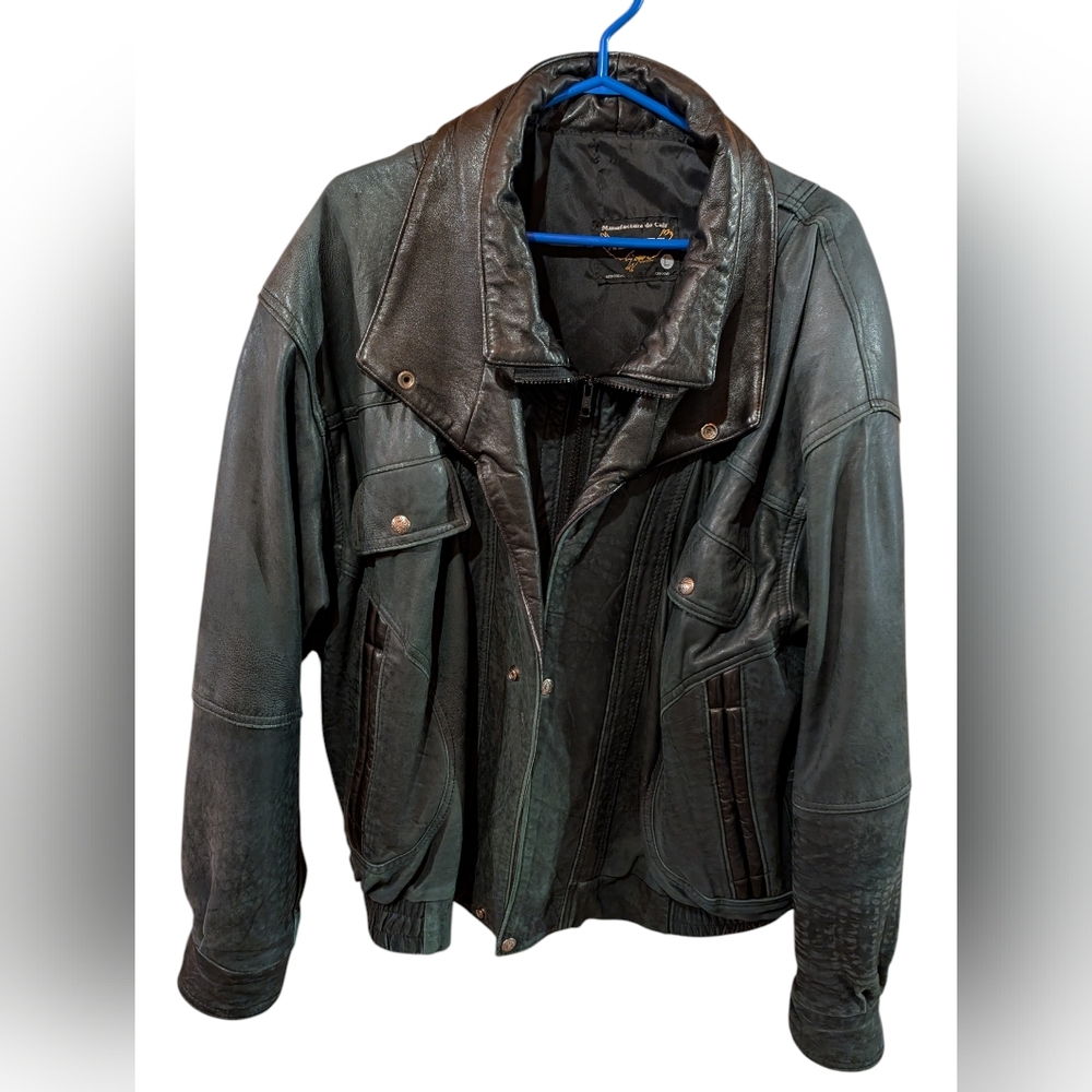 Vintage Men's Green And Black Leather Jacket